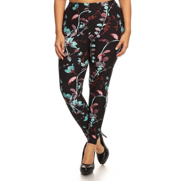 (Plus) Curvy Black Gray Teal Floral Vine Pattern Print Leggings - Picture 2 of 4